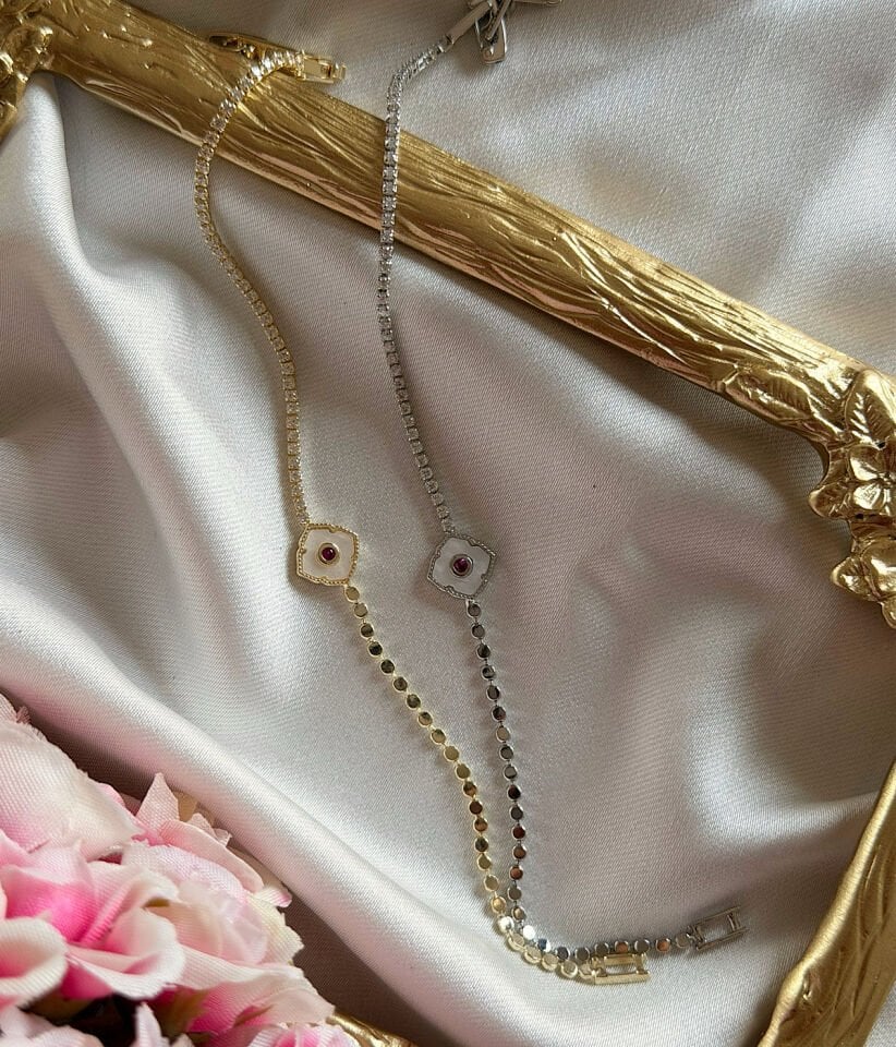 Vintage Kare Tasarım Kırmızı Taşlı İnce Minimal Bileklik