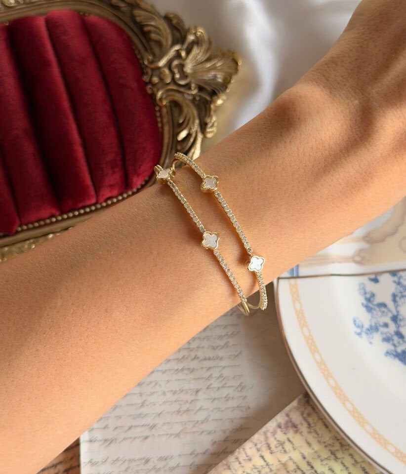 Vintage Yonca Motifli Zirkon Taşlı Kadın Halka Bileklik