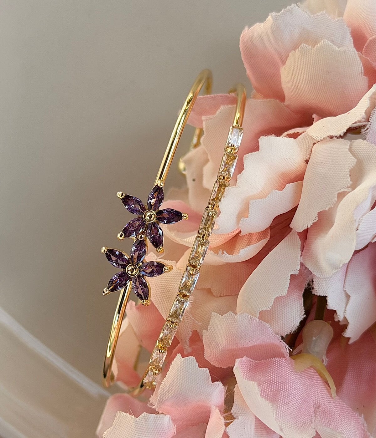 Vintage Mor Çiçek Motifli Zirkon Taşlı Kadın Halka Bileklik