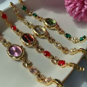 Vintage Oval Renkli Çiçek Tasarım Saat