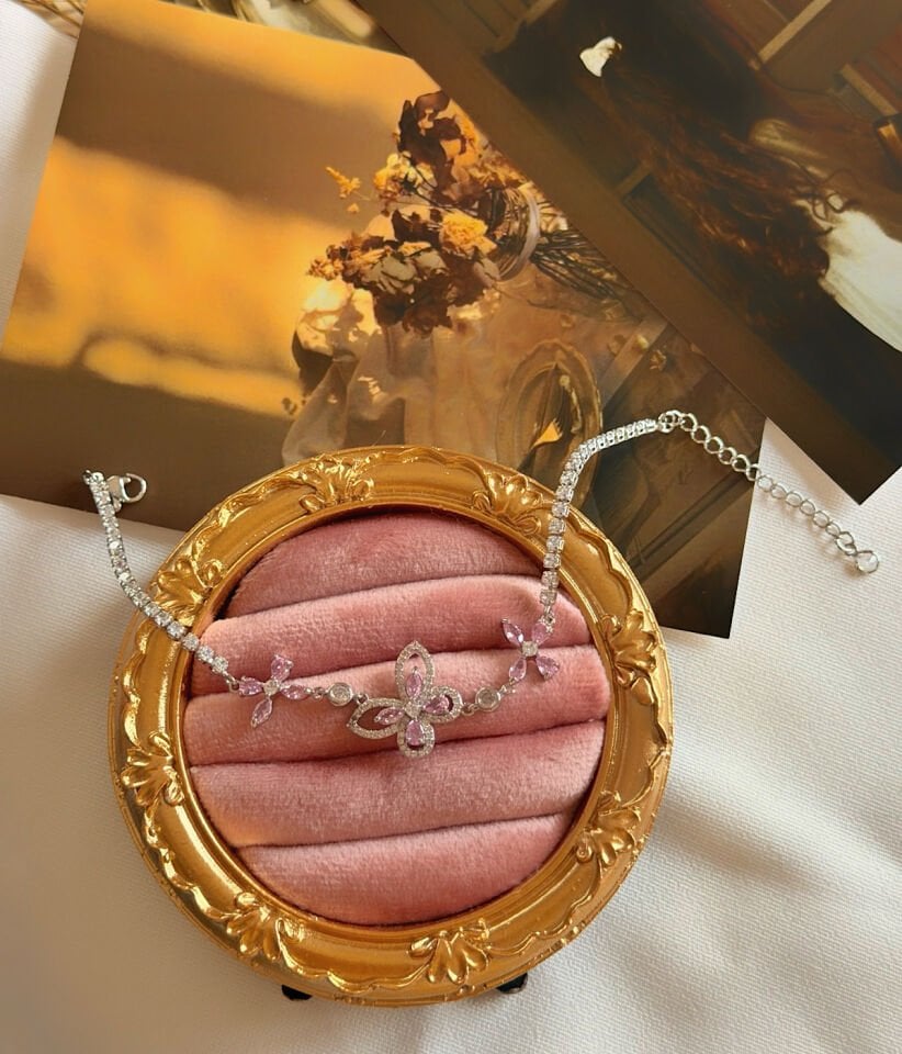 Pembe Taşlı Vintage Kelebek Bileklik