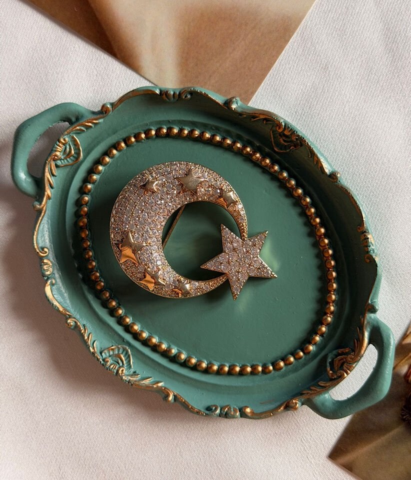 Vintage Ay Yıldız Motifli Zirkon Taşlı Kadın Broş