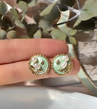İnci Çiçek Tasarım Yeşil Vintage Küpe