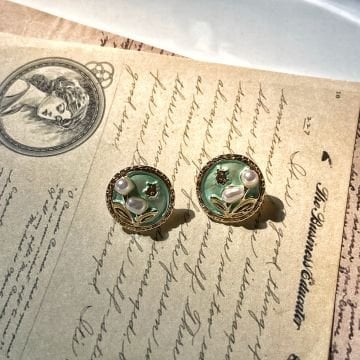 İnci Çiçek Tasarım Yeşil Vintage Küpe