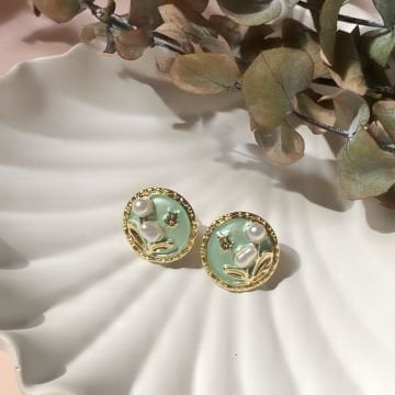 İnci Çiçek Tasarım Yeşil Vintage Küpe