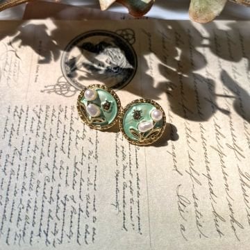 İnci Çiçek Tasarım Yeşil Vintage Küpe