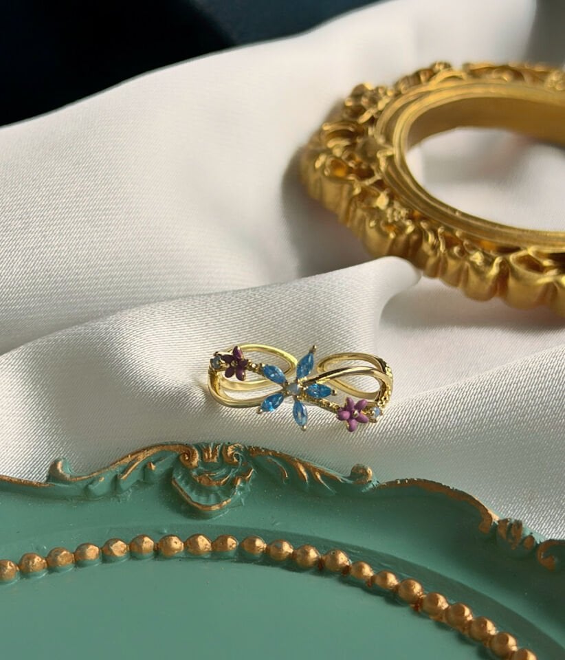 Pembe ve Mavi Çiçek Tasarım Yüzük