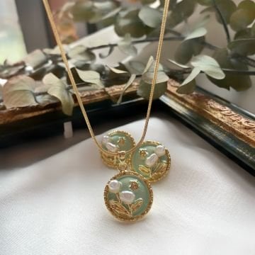 İnci Çiçek Tasarım Yeşil Vintage Çelik Kolye