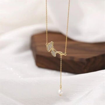 İnci Detaylı Yaprak Tasarım Çelik Kolye