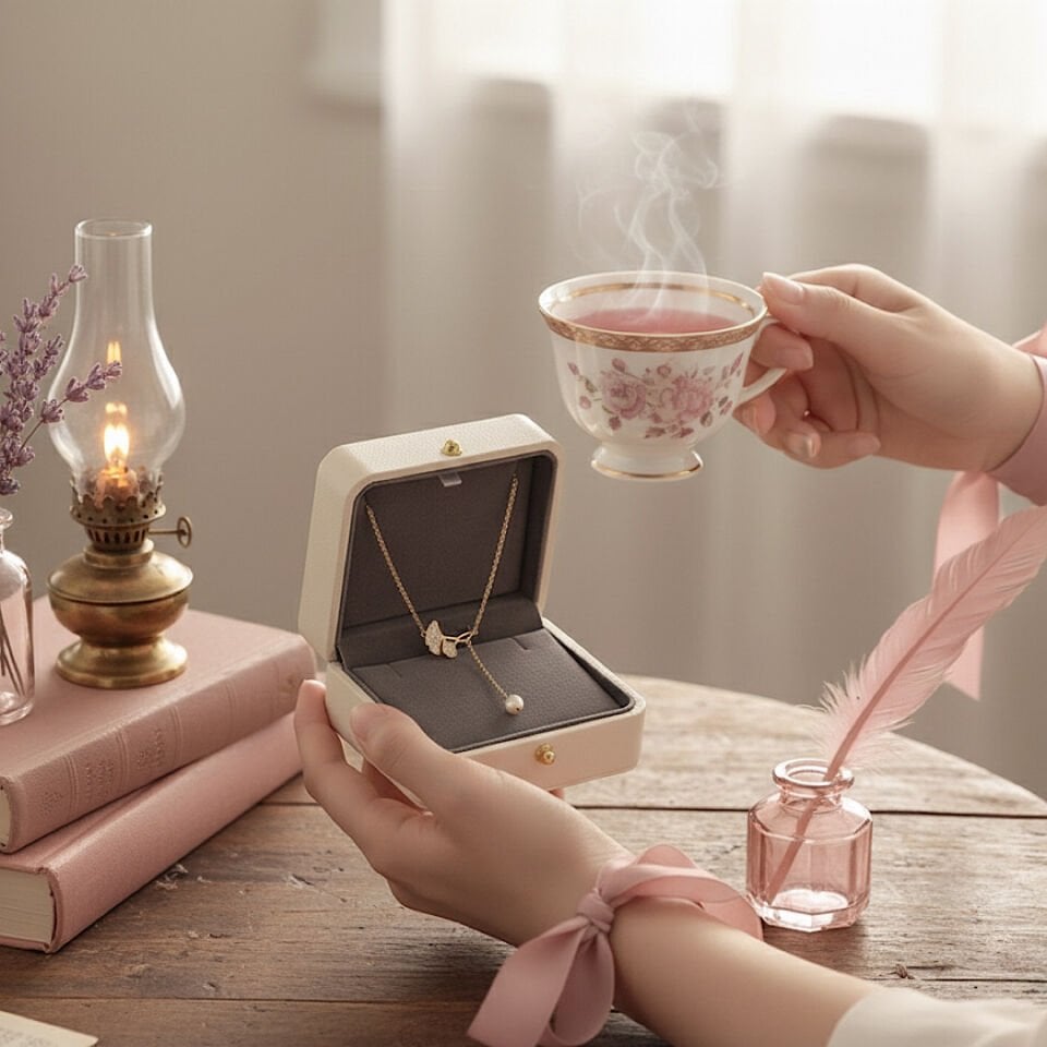 İnci Detaylı Yaprak Tasarım Çelik Kolye