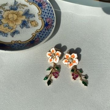 Yeşil Yaprak Tasarım Vintage Renkli Çiçek Küpe