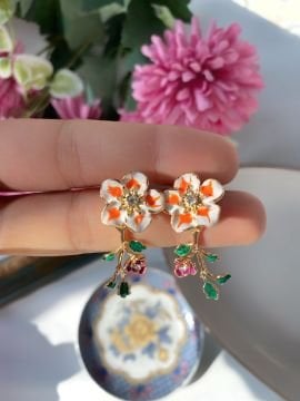 Yeşil Yaprak Tasarım Vintage Renkli Çiçek Küpe
