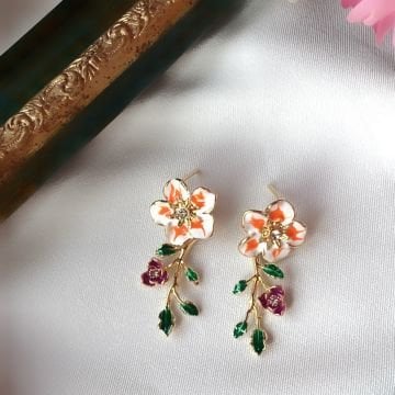 Yeşil Yaprak Tasarım Vintage Renkli Çiçek Küpe
