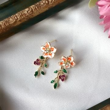 Yeşil Yaprak Tasarım Vintage Renkli Çiçek Küpe