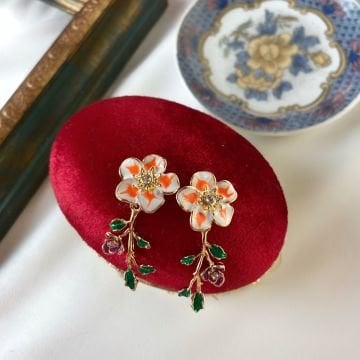 Yeşil Yaprak Tasarım Vintage Renkli Çiçek Küpe
